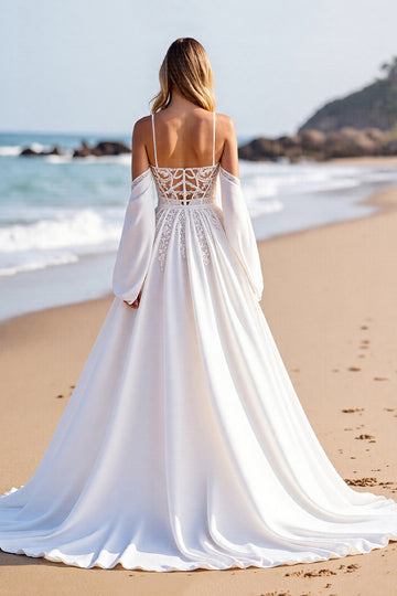 Beach White A Line Sweep Train Wedding Dress with Lace